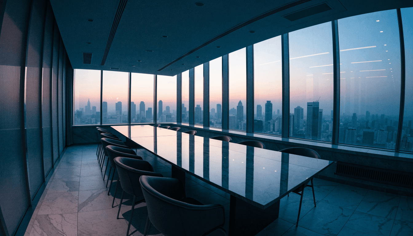 A top-floor boardroom at dusk overlooking a city skyline