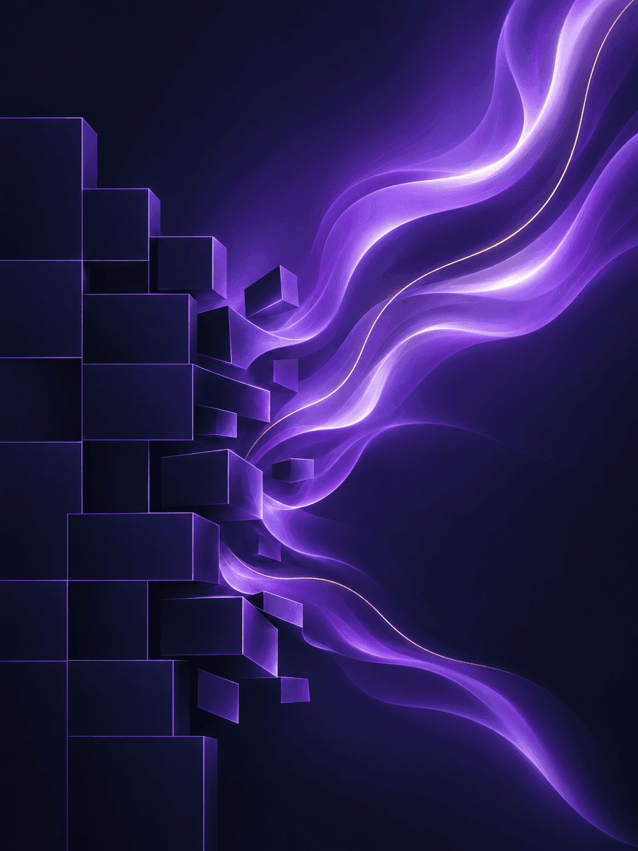 A rigid grid of dark boxes breaking apart into flowing ribbons of purple light